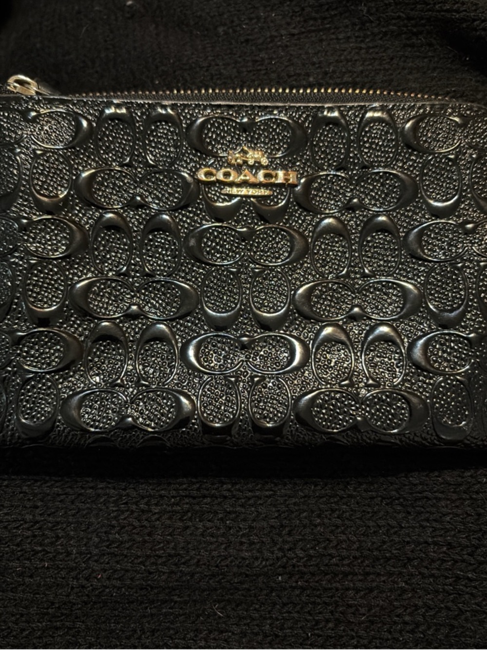 Coach Black Embossed Signature Wristlet with Gold Logo